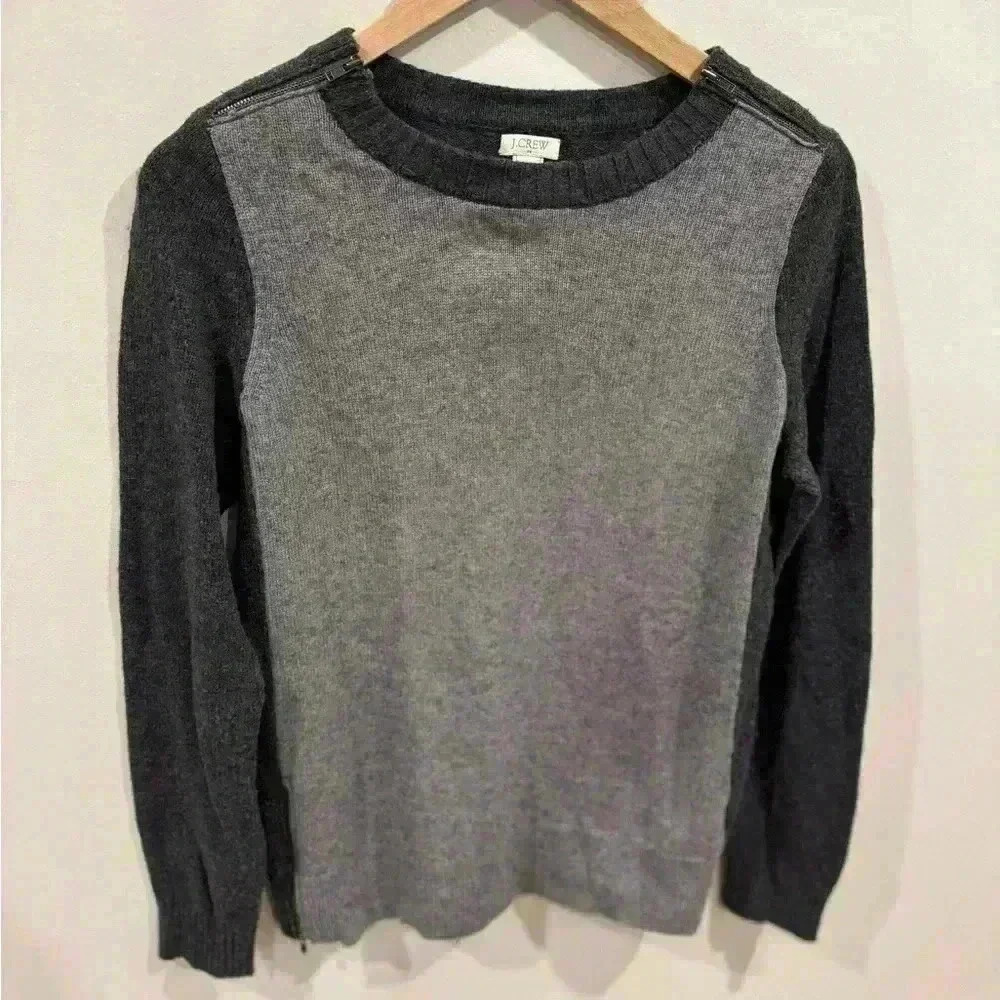 J. Crew Women’s Double Zip Merino Wool Blend Crewneck Sweater Black Gray Size S